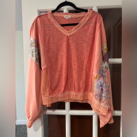 POL Round Neck Long Sleeve Floral Contrast Knit Top - Picture 1 of 2